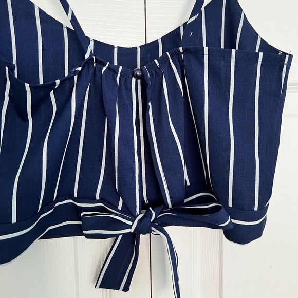 Nautical Navy/White Striped Spaghetti Strap Tie Back Crop Top - Picture 9 of 10